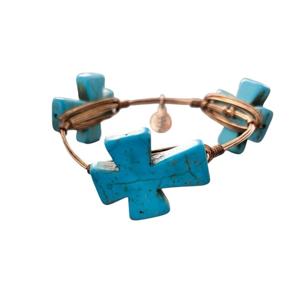 Bourbon and Bowties Turquoise‎ Cross Wire Wrap Bangle Bracelet Boho Brass Tone